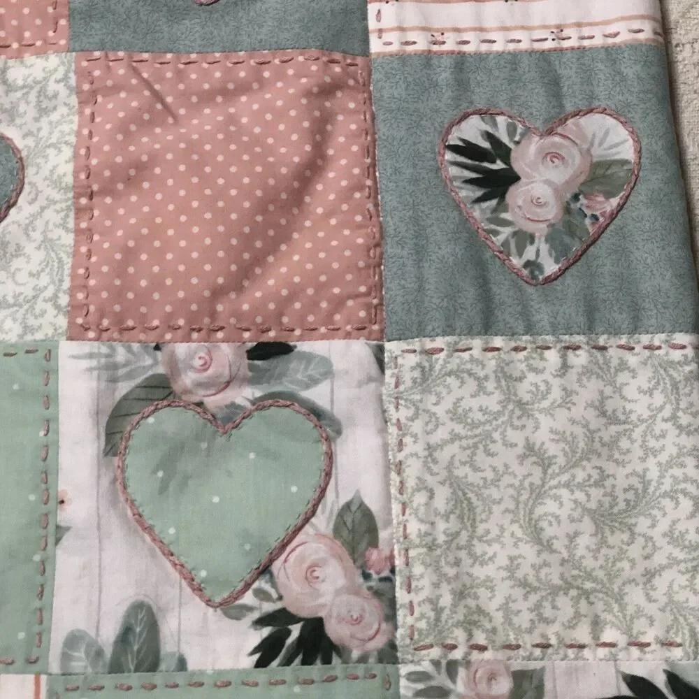 Baby Quilt Girls Pink/green Handmade Patchwork Crib Blanket Hearts / floral